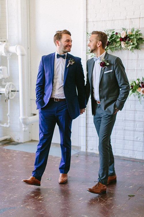 Gorgeous styled shoot with two handsome grooms at Highpoint and Moore with space, vintage and specialty rentals by Paisley and Jade 