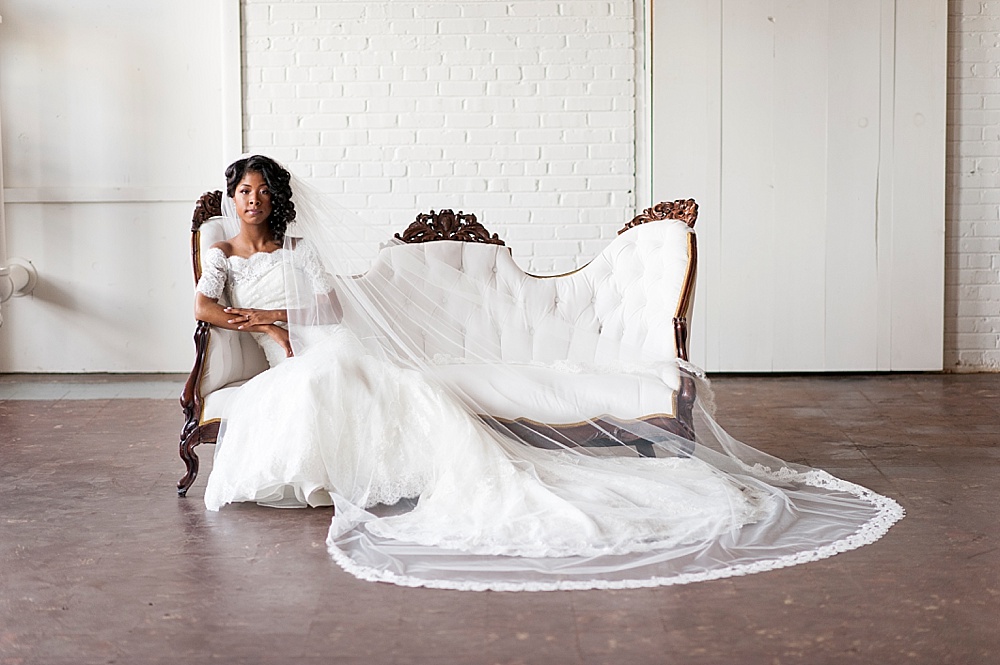 Breathtaking bridal portrait session by IYQ photography in the showroom at Highpoint and Moore with space and prop rentals by Paisley & Jade