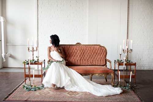 Breathtaking bridal portrait session by IYQ photography in the showroom at Highpoint and Moore with space and prop rentals by Paisley & Jade