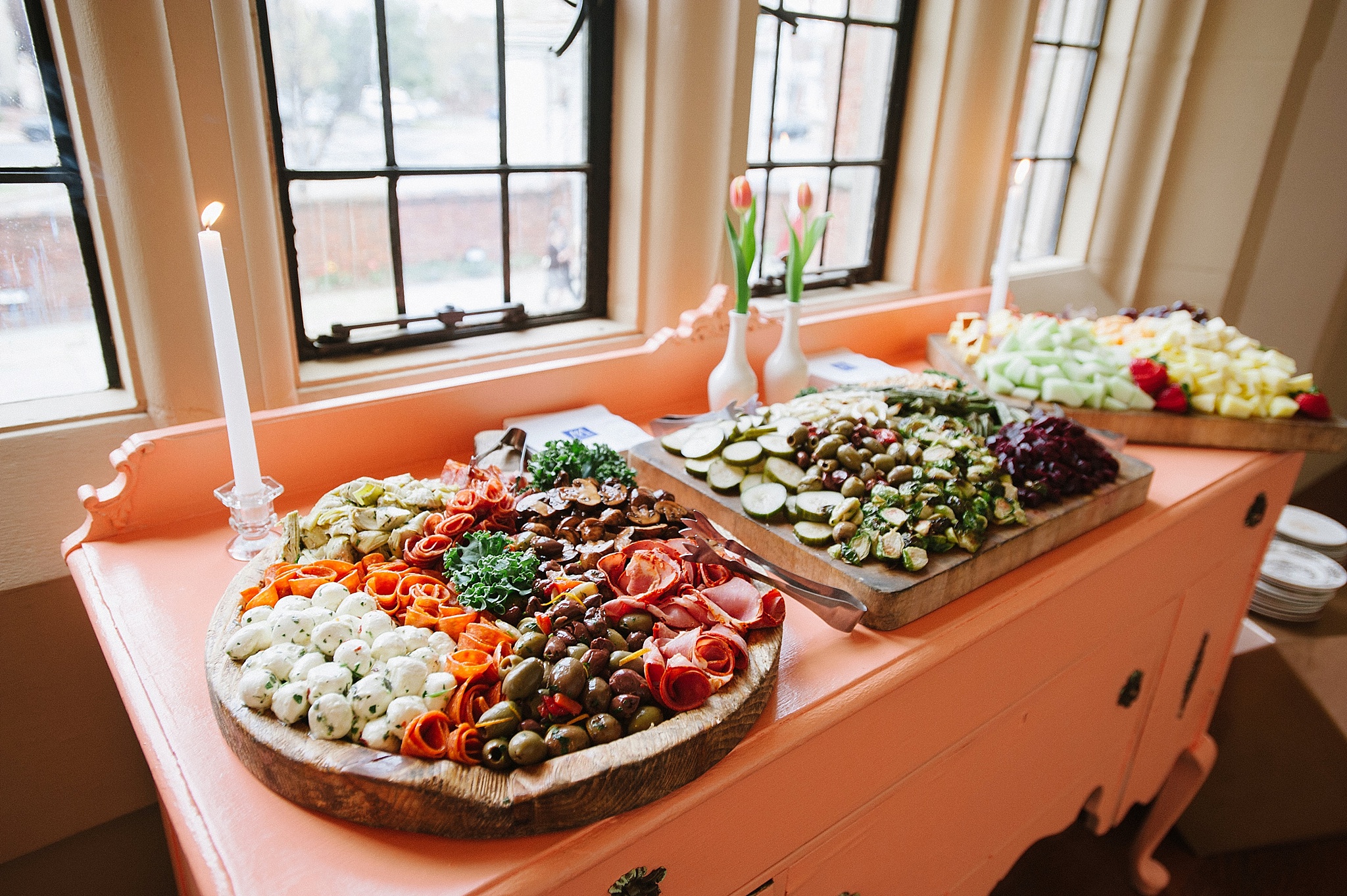Beautiful charcuterie buffet at the branch museum of architecture and design captured by Jessica Maida Photography with vintage sideboard and specialty rentals by Paisley & Jade