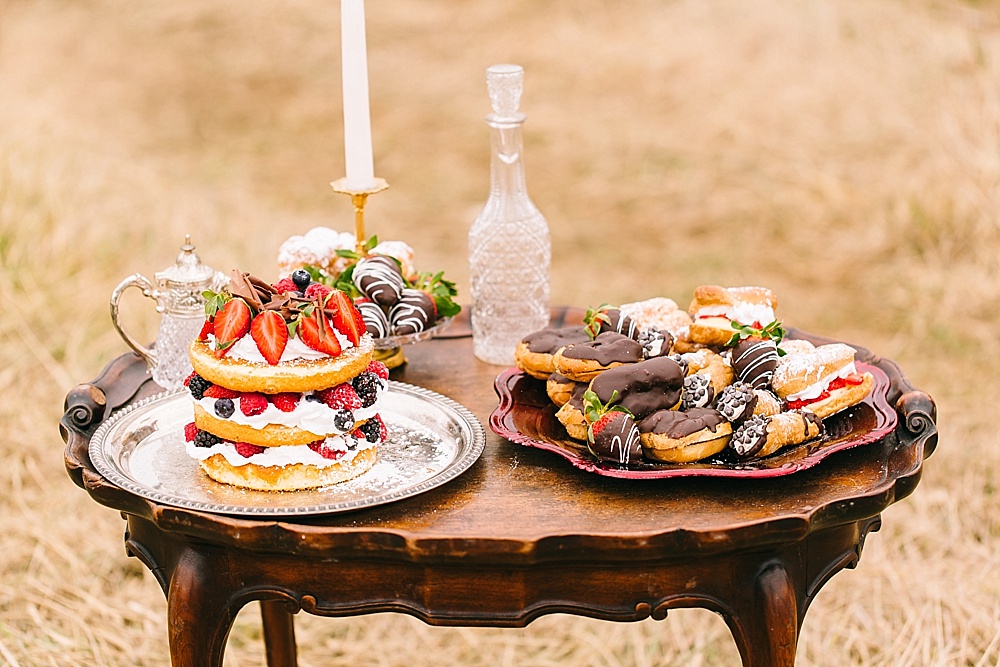 Gorgeous styled dessert display at a shoot by Laura Ashley Photography with specialty and vintage rentals by Paisley and Jade