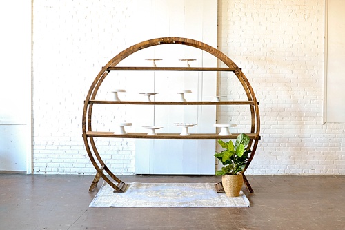 Our round wooden arbor designed and styled in three unique vignettes - all pieces available to rent for your event by Paisley & Jade 
