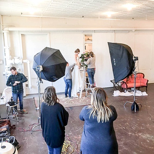 Behind the scenes photos of a gorgeous Spring editorial bridal shoot for Washingtonian Bride & Groom Magazine with space and vintage and specialty rentals provided by Paisley & Jade