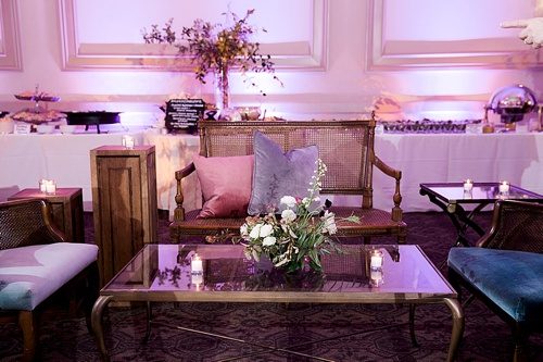 Luxurious hotel ballroom wedding reception in Richmond, Va with specialty rentals by Paisley & Jade