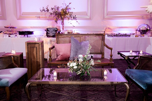 Luxurious hotel ballroom wedding reception in Richmond, Va with specialty rentals by Paisley & Jade 