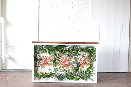 Stunning shadow box bar created by Paisley & Jade that is available to personalize and rent for your next event 