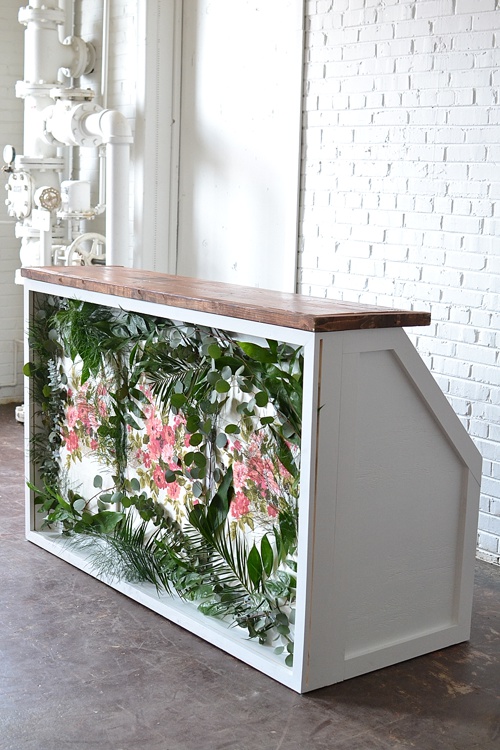 Stunning shadow box bar created by Paisley & Jade that is available to personalize and rent for your next event 