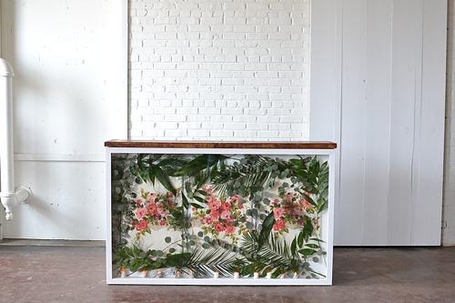 Stunning shadow box bar created by Paisley & Jade that is available to personalize and rent for your next event 