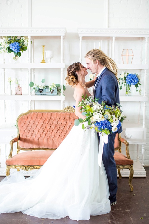 Beautiful white and blue wedding inspiration styled shoot from the Hope Taylor Photography Workshop with space and specialty rentals provided by Paisley & Jade 