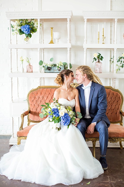 Beautiful white and blue wedding inspiration styled shoot from the Hope Taylor Photography Workshop with space and specialty rentals provided by Paisley & Jade 