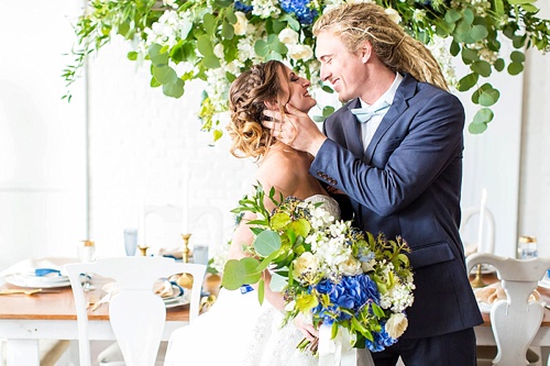 Beautiful white and blue wedding inspiration styled shoot from the Hope Taylor Photography Workshop with space and specialty rentals provided by Paisley & Jade 