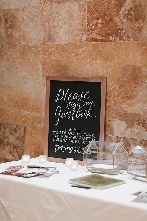 Elegant and modern real wedding at the Virginia Museum of Fine Art with specialty and vintage rentals and custom calligraphy provided by Paisley & Jade