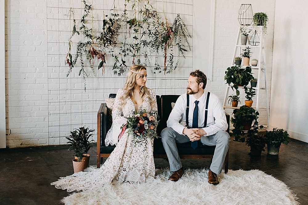 Earthy and Industrial styled shoot with boho-chic vibes. Specialty rentals and space provided by Paisley and Jade