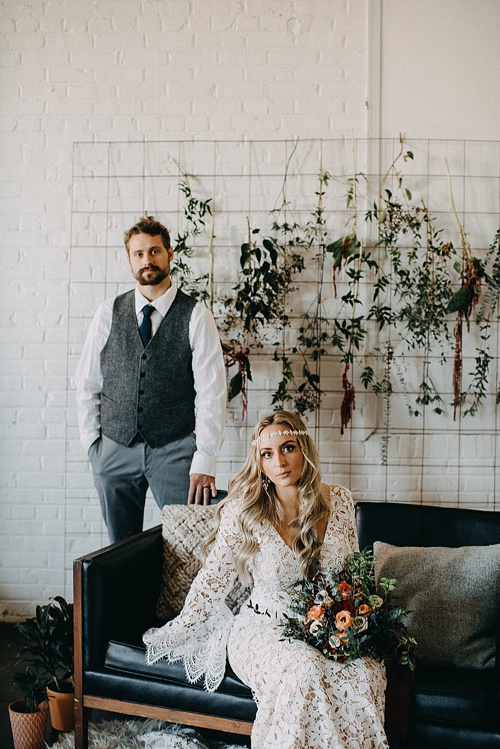 Earthy and Industrial styled shoot with boho-chic vibes. Specialty rentals and space provided by Paisley and Jade 