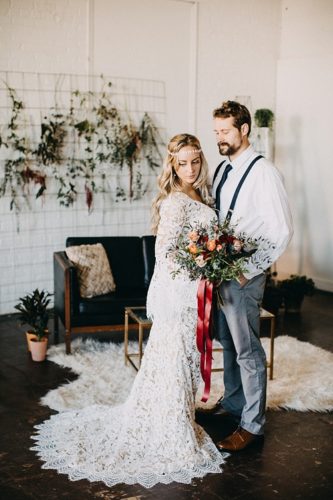 Earthy and Industrial styled shoot with boho-chic vibes. Specialty rentals and space provided by Paisley and Jade