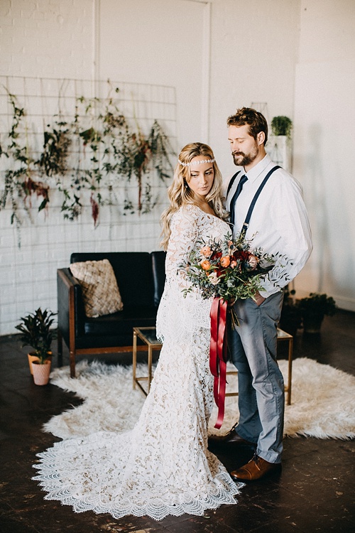 Earthy and Industrial styled shoot with boho-chic vibes. Specialty rentals and space provided by Paisley and Jade 