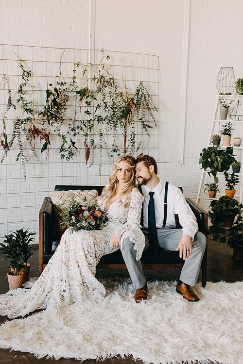 Earthy and Industrial styled shoot with boho-chic vibes. Specialty rentals and space provided by Paisley and Jade 