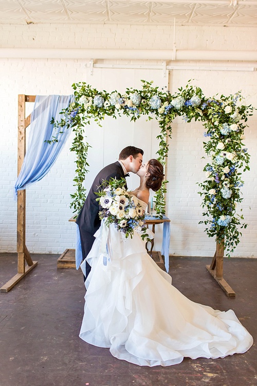 Romantic blue and white wedding inspiration at at styled shoot at the Hope Taylor Photography Workshop with rentals and space provided by Paisley and Jade 