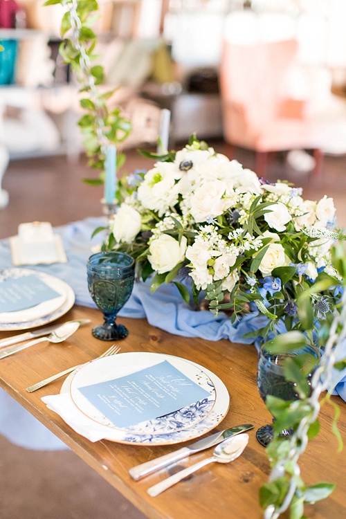 Romantic blue and white wedding inspiration at at styled shoot at the Hope Taylor Photography Workshop with rentals and space provided by Paisley and Jade 