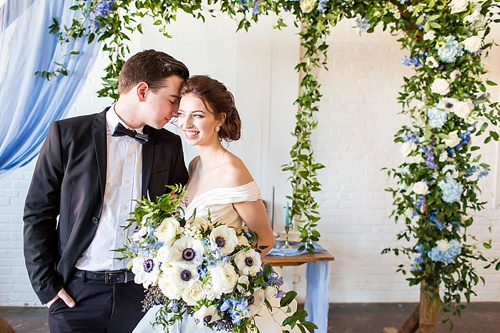 Romantic blue and white wedding inspiration at at styled shoot at the Hope Taylor Photography Workshop with rentals and space provided by Paisley and Jade 