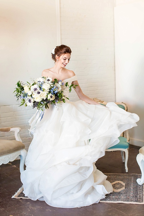 Romantic blue and white wedding inspiration at at styled shoot at the Hope Taylor Photography Workshop with rentals and space provided by Paisley and Jade 