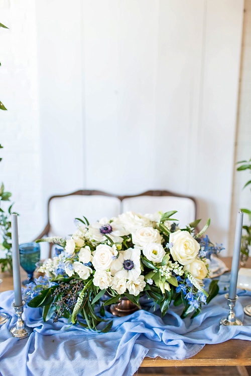 Romantic blue and white wedding inspiration at at styled shoot at the Hope Taylor Photography Workshop with rentals and space provided by Paisley and Jade 
