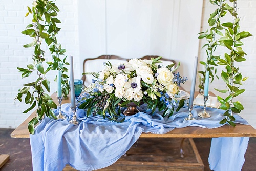 Romantic blue and white wedding inspiration at at styled shoot at the Hope Taylor Photography Workshop with rentals and space provided by Paisley and Jade 