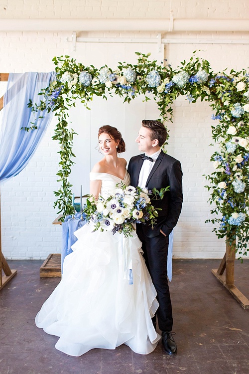 Romantic blue and white wedding inspiration at at styled shoot at the Hope Taylor Photography Workshop with rentals and space provided by Paisley and Jade 