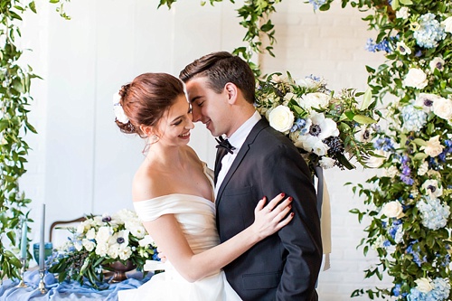 Romantic blue and white wedding inspiration at at styled shoot at the Hope Taylor Photography Workshop with rentals and space provided by Paisley and Jade 