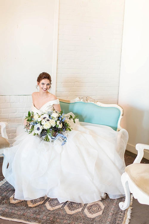 Romantic blue and white wedding inspiration at at styled shoot at the Hope Taylor Photography Workshop with rentals and space provided by Paisley and Jade 