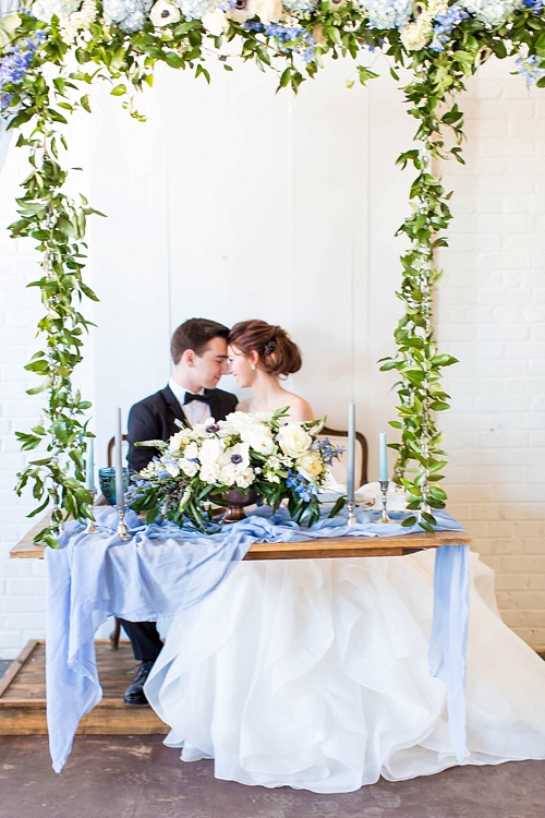 Romantic blue and white wedding inspiration at at styled shoot at the Hope Taylor Photography Workshop with rentals and space provided by Paisley and Jade 