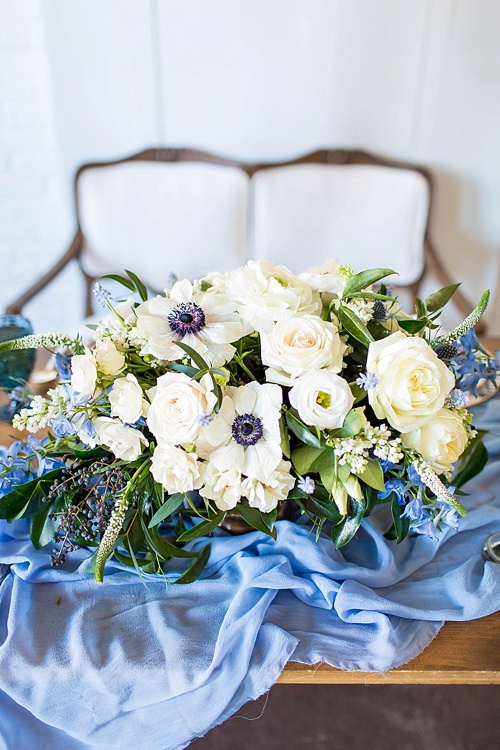 Romantic blue and white wedding inspiration at at styled shoot at the Hope Taylor Photography Workshop with rentals and space provided by Paisley and Jade 