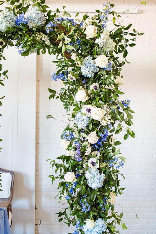 Romantic blue and white wedding inspiration at at styled shoot at the Hope Taylor Photography Workshop with rentals and space provided by Paisley and Jade 