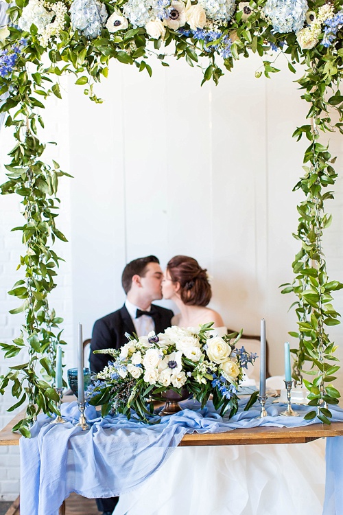 Romantic blue and white wedding inspiration at at styled shoot at the Hope Taylor Photography Workshop with rentals and space provided by Paisley and Jade 