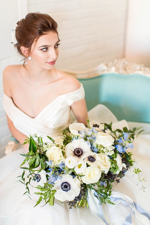 Romantic blue and white wedding inspiration at at styled shoot at the Hope Taylor Photography Workshop with rentals and space provided by Paisley and Jade 