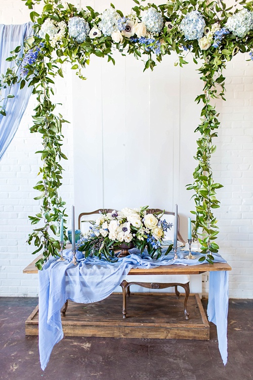 Romantic blue and white wedding inspiration at at styled shoot at the Hope Taylor Photography Workshop with rentals and space provided by Paisley and Jade 