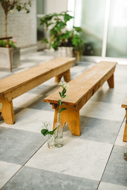 Chic and charming courtyard wedding at Quirk Hotel in Richmond, Virginia with specialty and vintage rentals by Paisley & Jade 