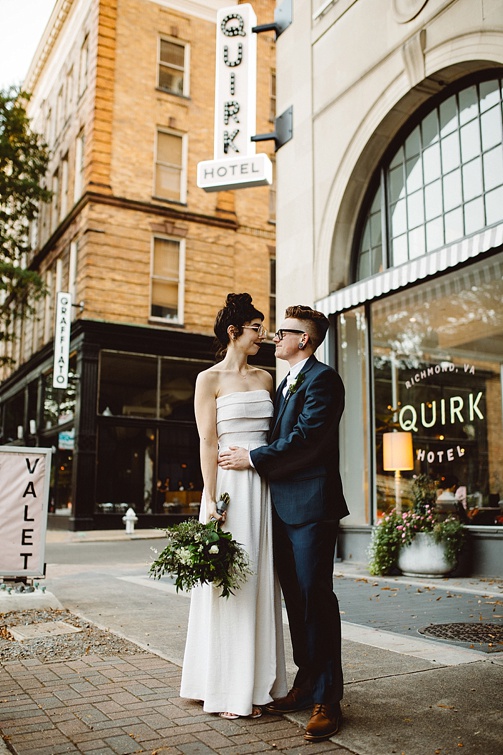 Chic and charming courtyard wedding at Quirk Hotel in Richmond, Virginia with specialty and vintage rentals by Paisley & Jade 