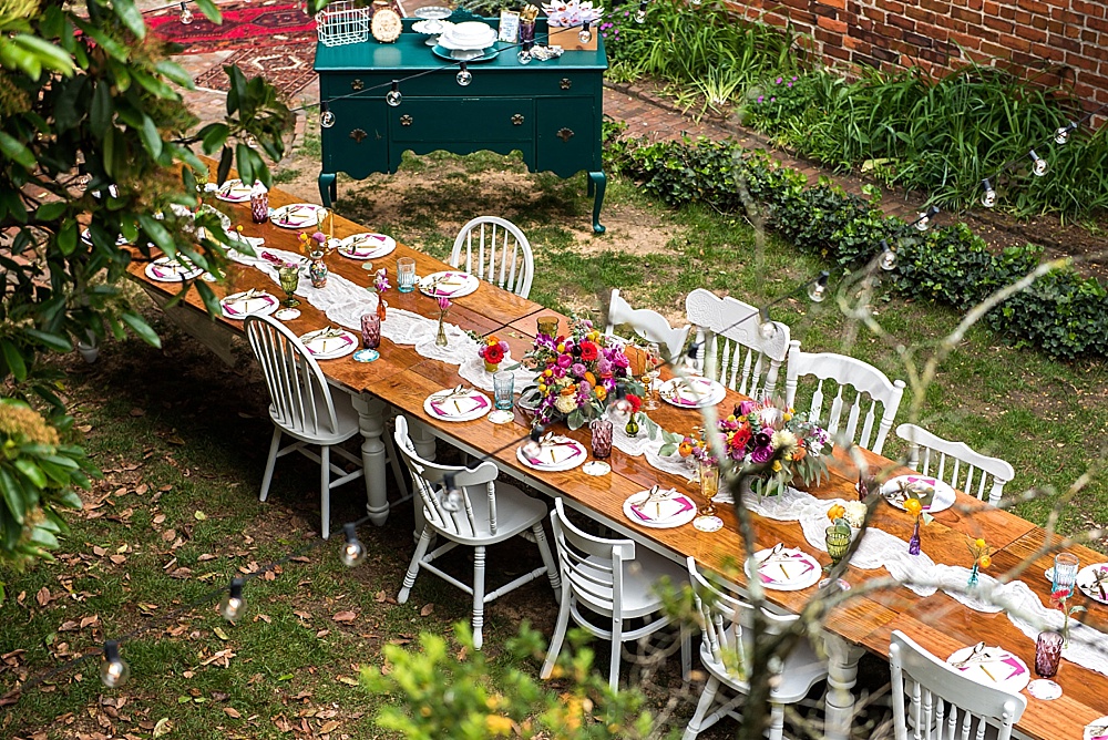 Enchanting colorful and intimate wedding at the Poe Museum in Richmond with specialty and vintage rentals by Paisley & Jade