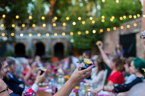 Enchanting colorful and intimate wedding at the Poe Museum in Richmond with specialty and vintage rentals by Paisley & Jade 