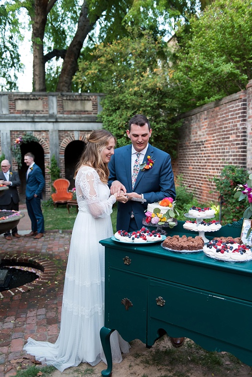 Enchanting colorful and intimate wedding at the Poe Museum in Richmond with specialty and vintage rentals by Paisley & Jade 