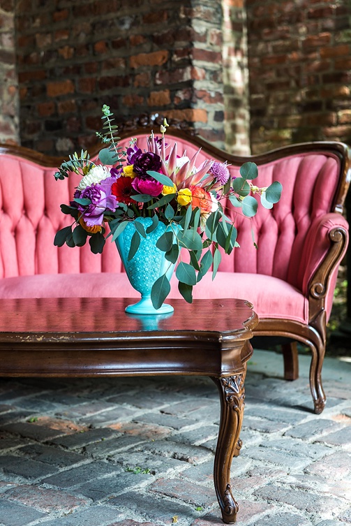 Enchanting colorful and intimate wedding at the Poe Museum in Richmond with specialty and vintage rentals by Paisley & Jade 