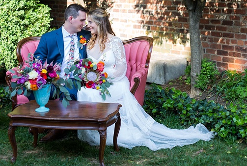 Enchanting colorful and intimate wedding at the Poe Museum in Richmond with specialty and vintage rentals by Paisley & Jade 