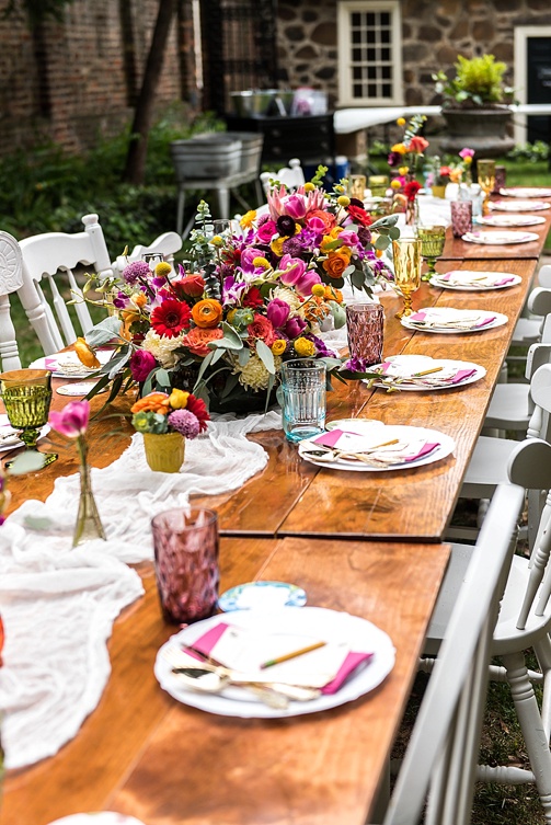 Enchanting colorful and intimate wedding at the Poe Museum in Richmond with specialty and vintage rentals by Paisley & Jade 