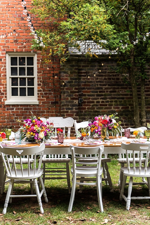 Enchanting colorful and intimate wedding at the Poe Museum in Richmond with specialty and vintage rentals by Paisley & Jade 