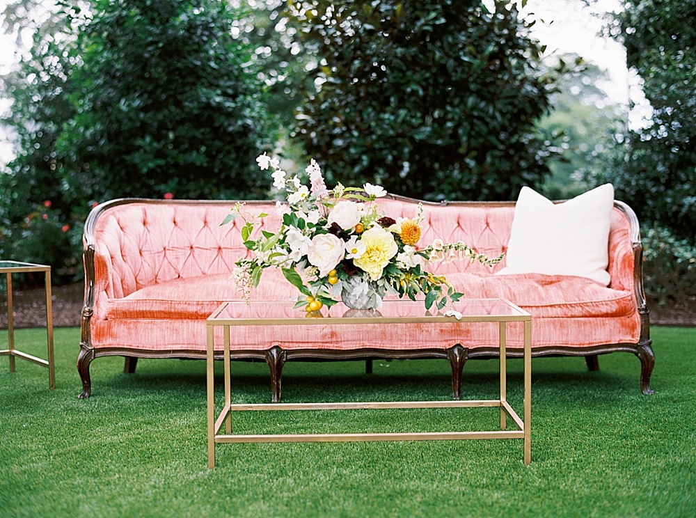 Beautiful pink vintage sofa stuns in various events with rental by Paisley and Jade