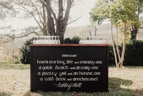 Paisley and Jade's Homestead Chalkboard bar with custom hand lettering shines in several styled and types of events and weddings 