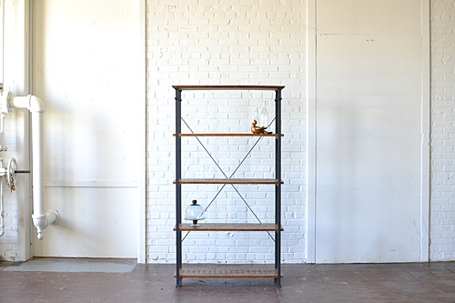 wooden and metal industrial shelving