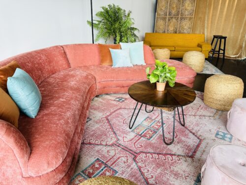 malibu sofa on the pink walker rug for VIP artist dressing rooms for music festival