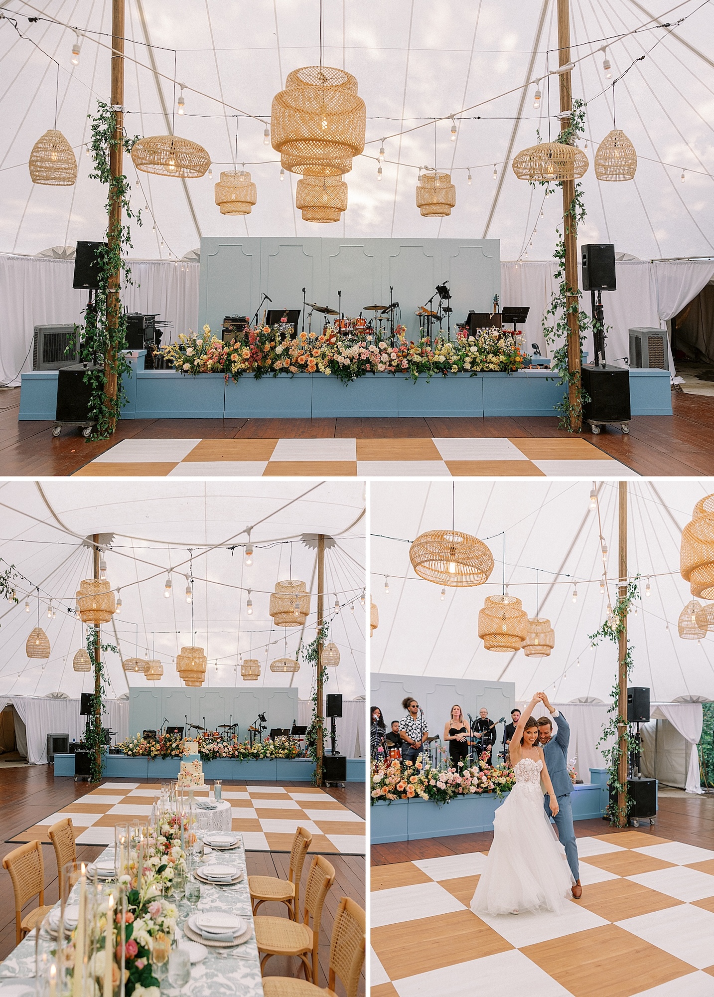 custom stage facade tented wedding
